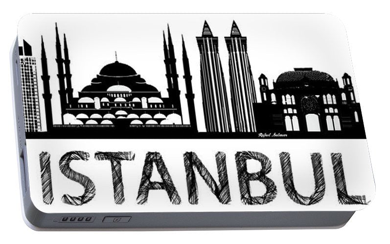 Portable Battery Charger - Istanbul Silhouette Sketch In Black And White
