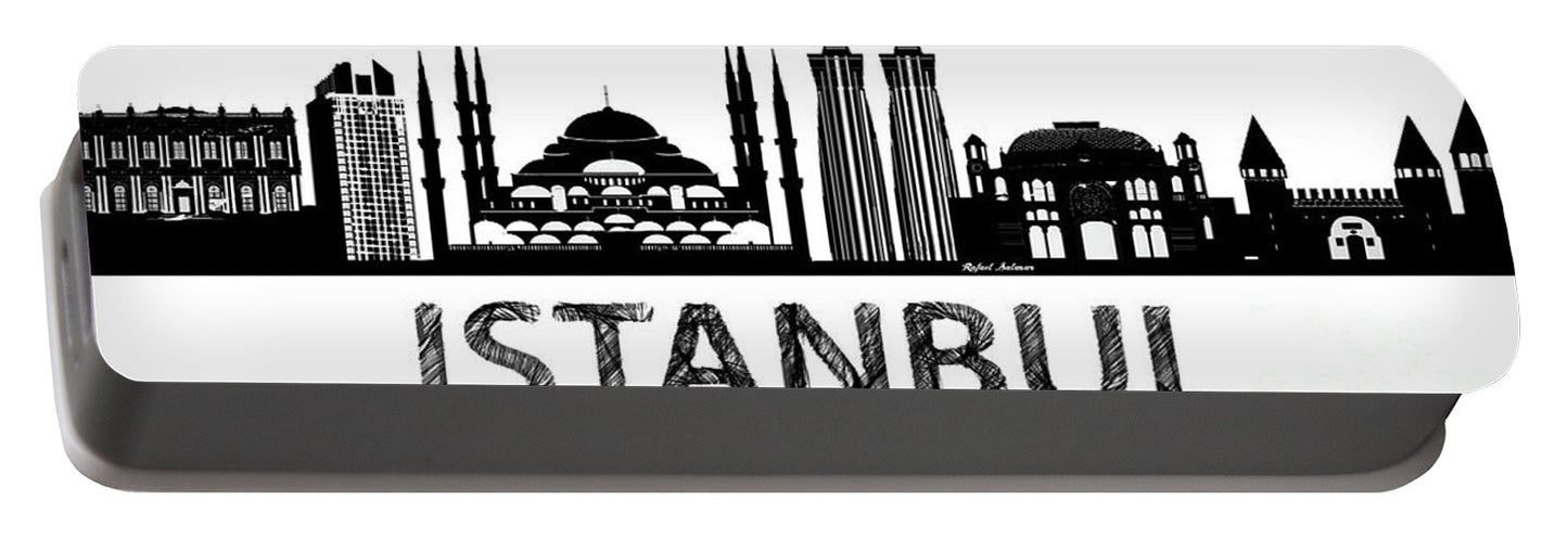 Portable Battery Charger - Istanbul Silhouette Sketch In Black And White