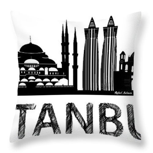 Coussin décoratif - Croquis de silhouette d'Istanbul en noir et blanc