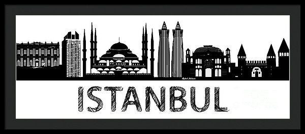 Impression encadrée - Croquis de silhouette d'Istanbul en noir et blanc