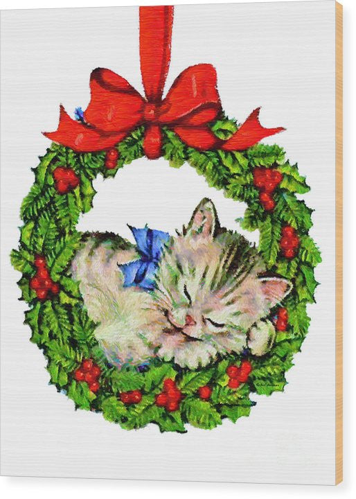 Wood Print - Kitten In A Christmas Wreath