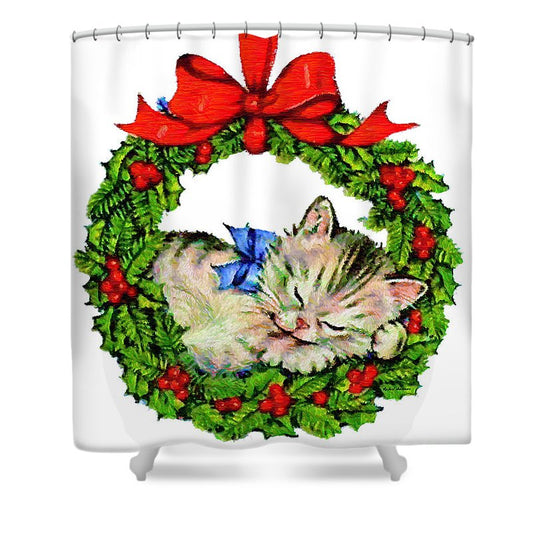 Shower Curtain - Kitten In A Christmas Wreath