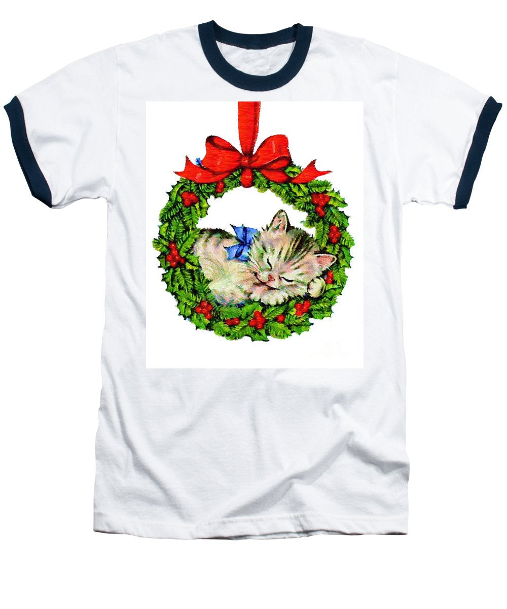 Baseball T-Shirt - Kitten In A Christmas Wreath