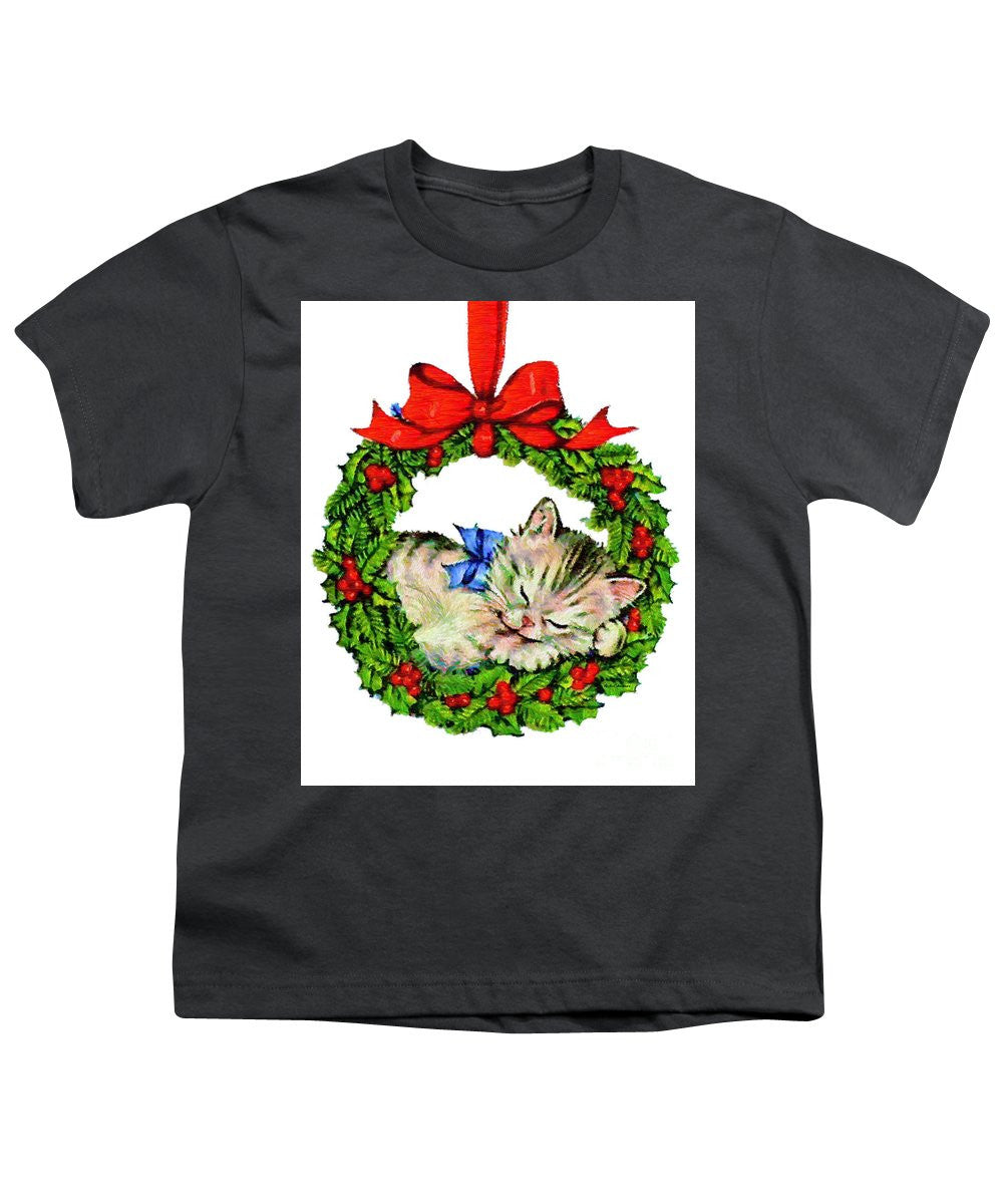 Youth T-Shirt - Kitten In A Christmas Wreath