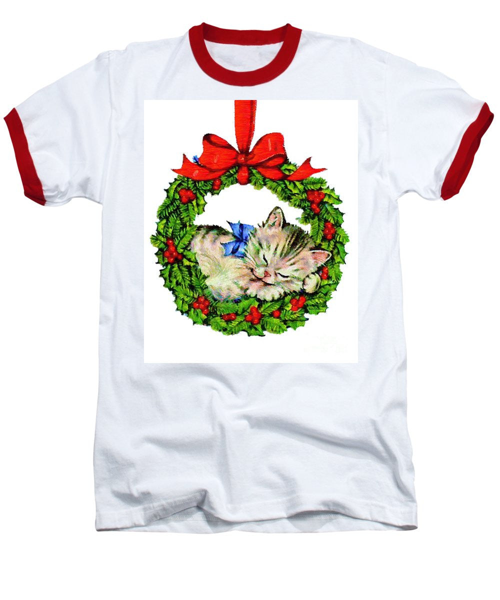 Baseball T-Shirt - Kitten In A Christmas Wreath