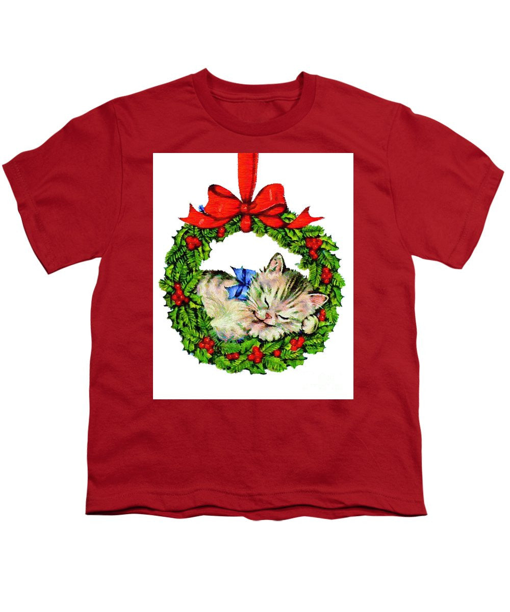 Youth T-Shirt - Kitten In A Christmas Wreath