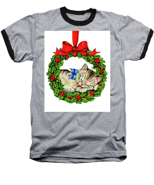 Baseball T-Shirt - Kitten In A Christmas Wreath