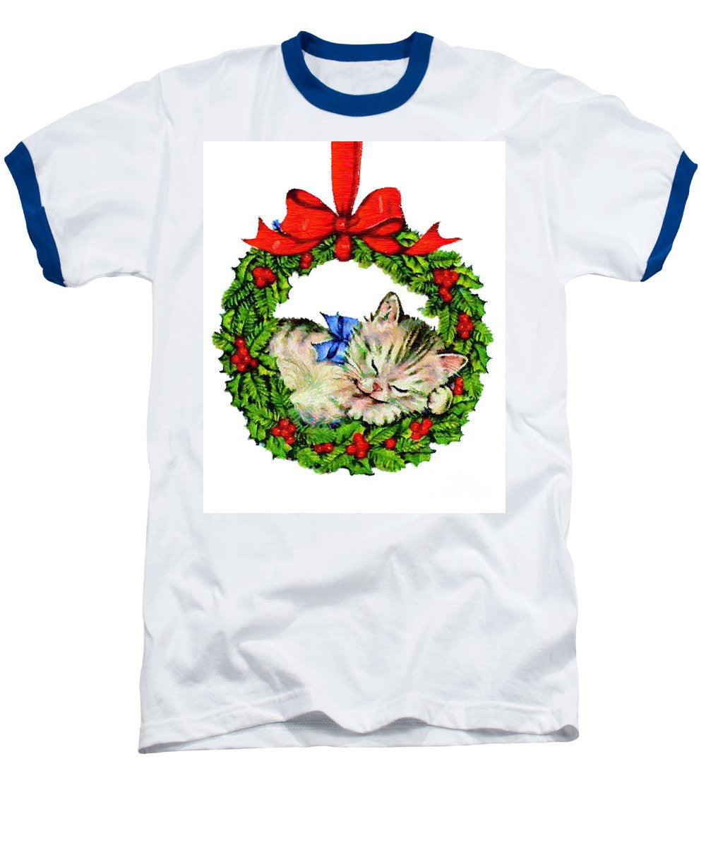 Baseball T-Shirt - Kitten In A Christmas Wreath