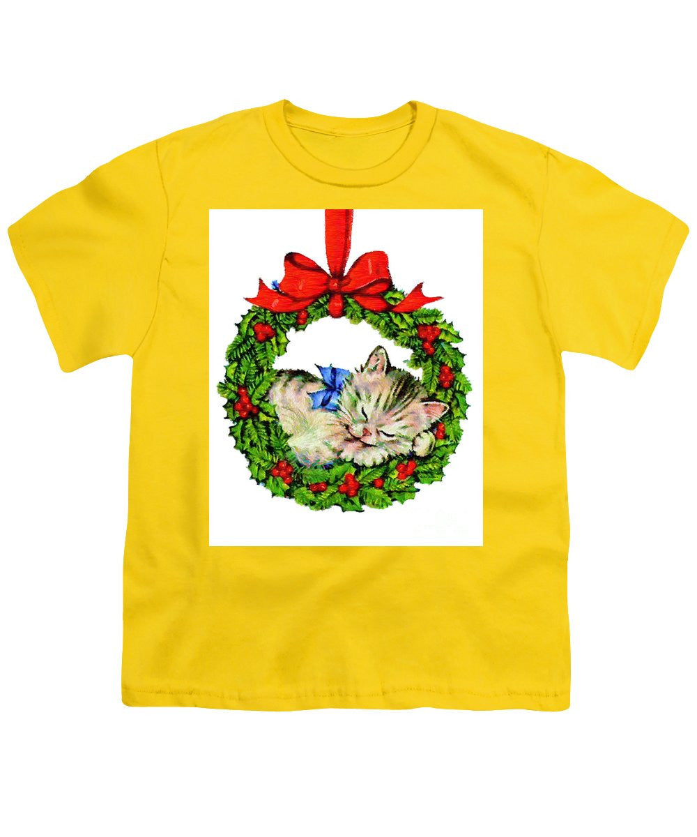 Youth T-Shirt - Kitten In A Christmas Wreath