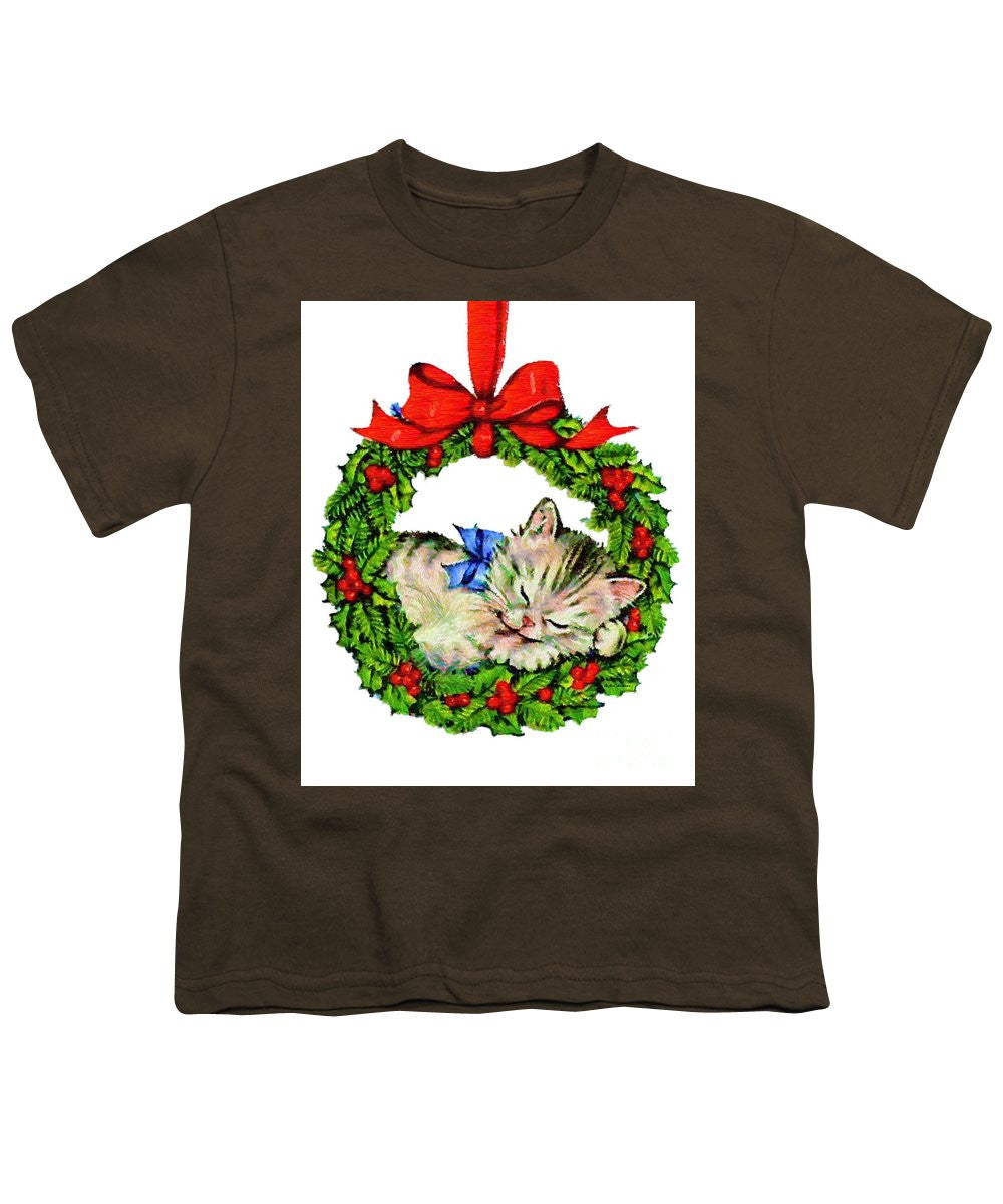 Youth T-Shirt - Kitten In A Christmas Wreath