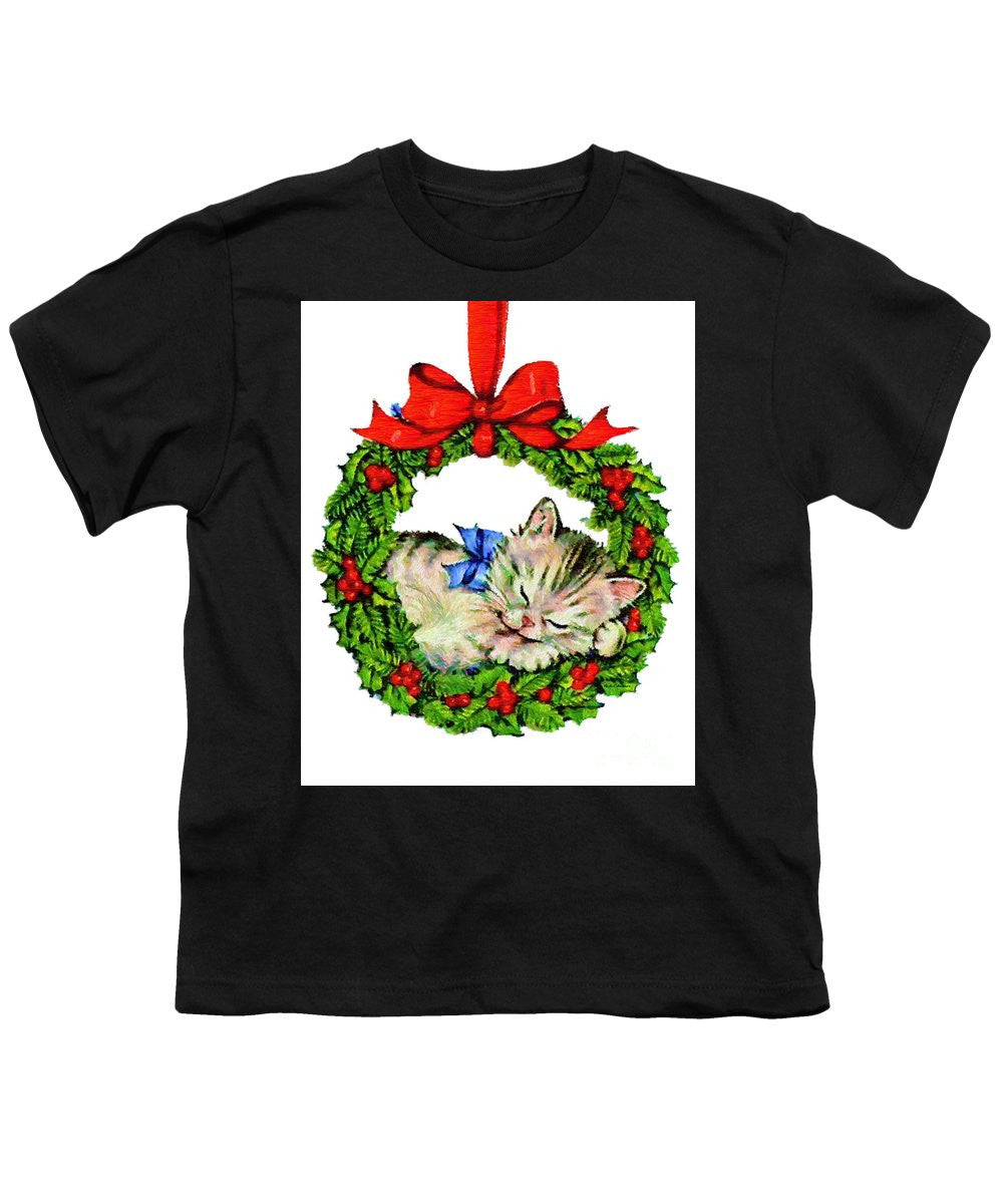 Youth T-Shirt - Kitten In A Christmas Wreath