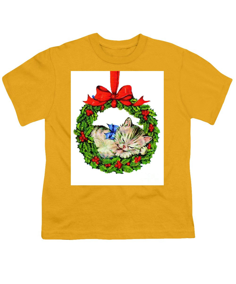 Youth T-Shirt - Kitten In A Christmas Wreath