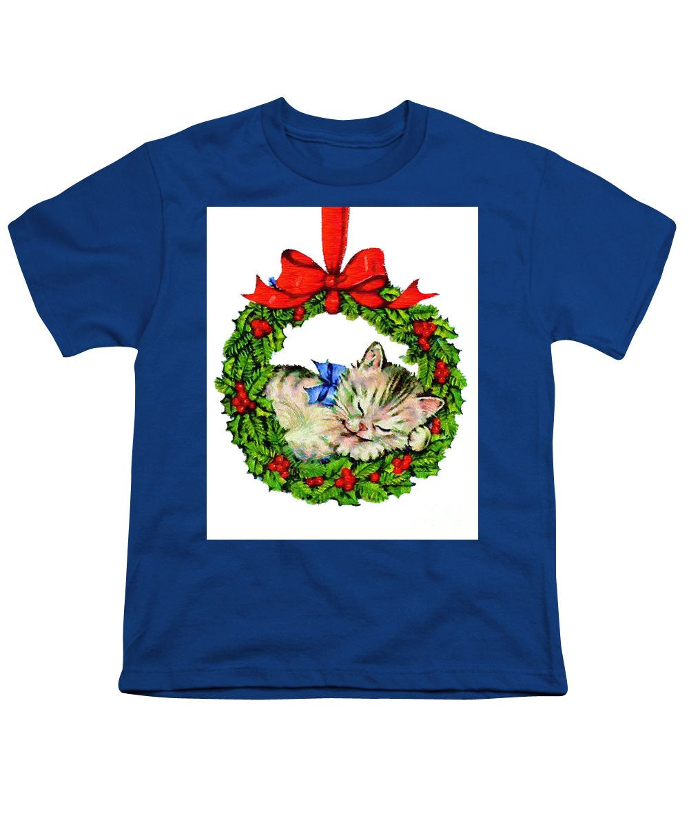 Youth T-Shirt - Kitten In A Christmas Wreath