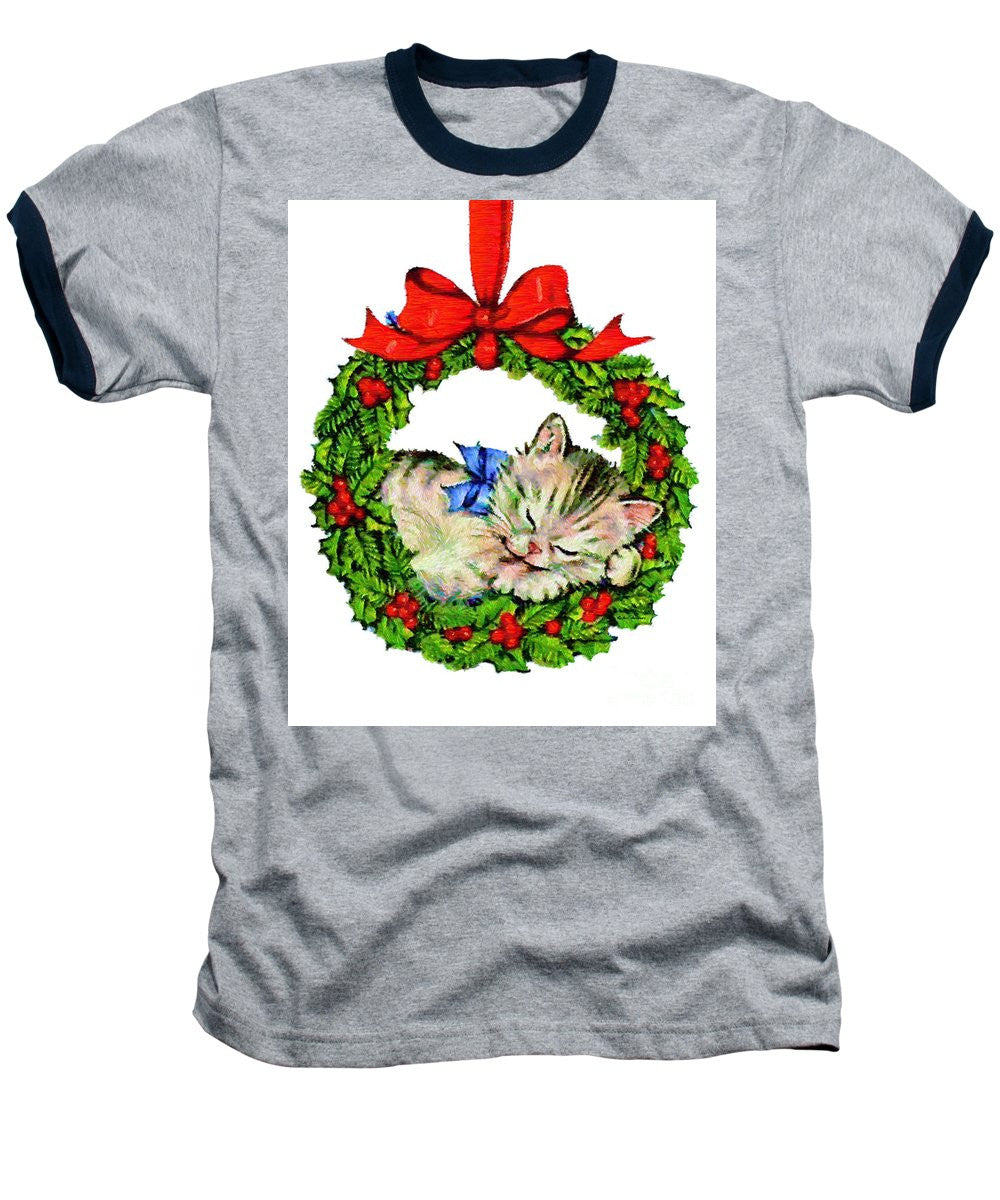 Baseball T-Shirt - Kitten In A Christmas Wreath