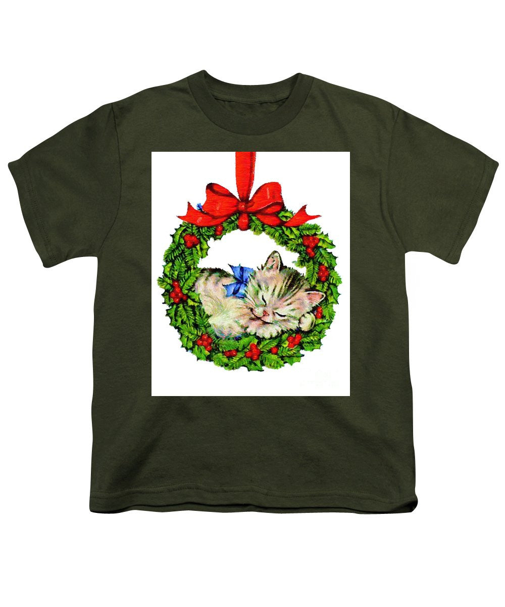 Youth T-Shirt - Kitten In A Christmas Wreath