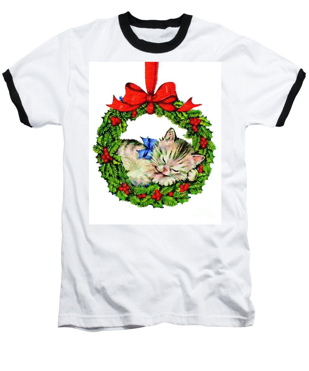 Baseball T-Shirt - Kitten In A Christmas Wreath