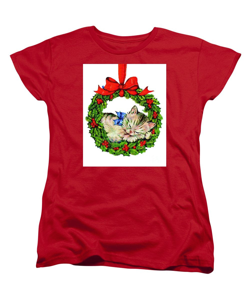 Women's T-Shirt (Standard Cut) - Kitten In A Christmas Wreath