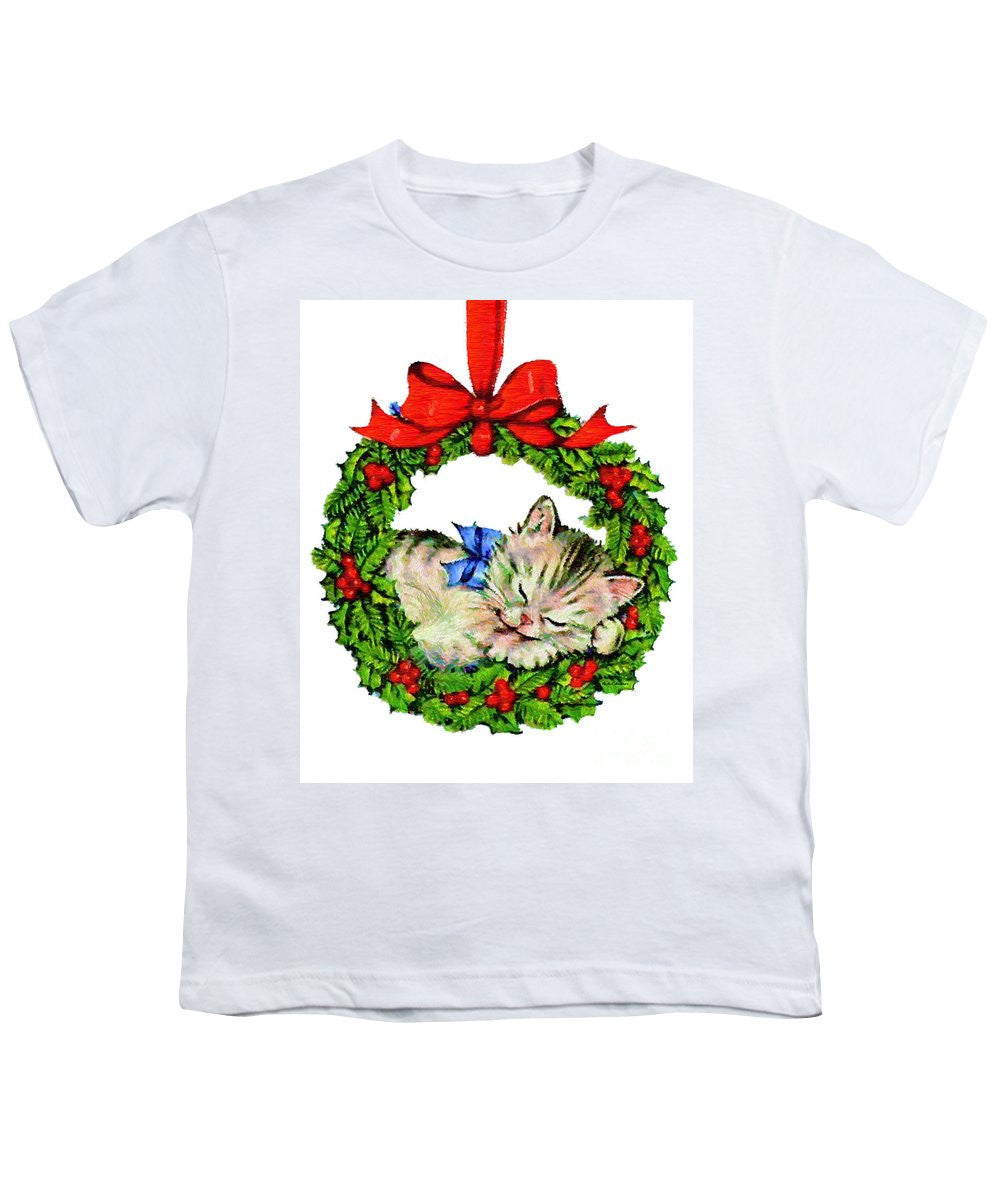 Youth T-Shirt - Kitten In A Christmas Wreath