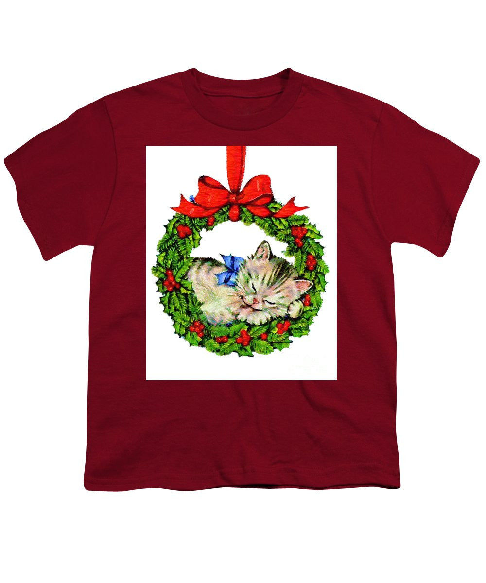 Youth T-Shirt - Kitten In A Christmas Wreath