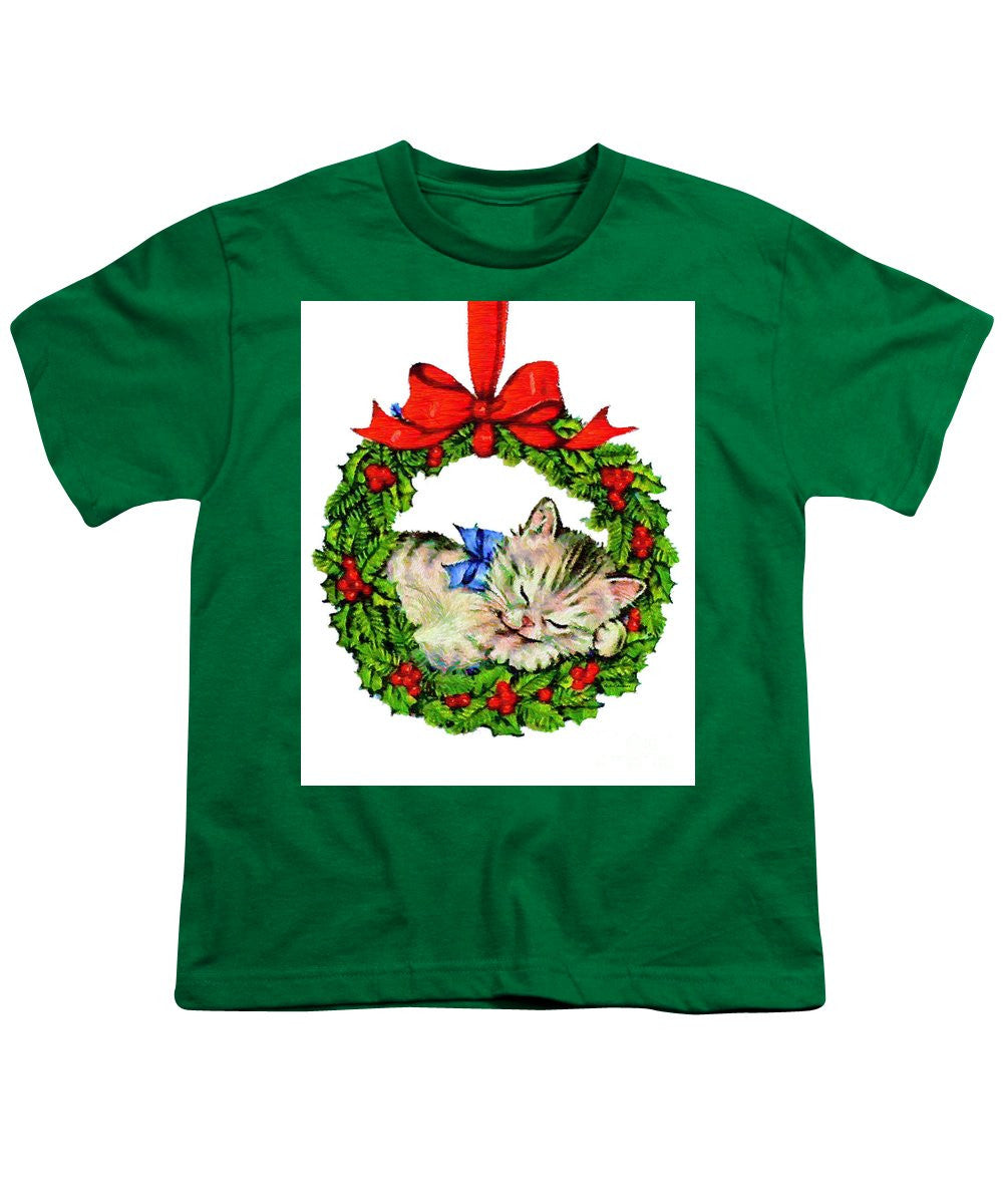 Youth T-Shirt - Kitten In A Christmas Wreath