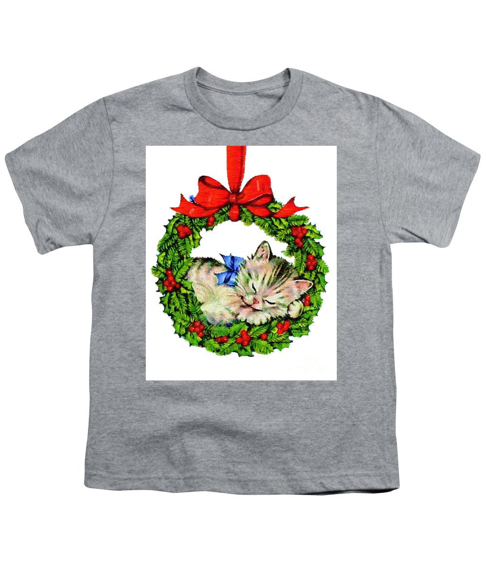 Youth T-Shirt - Kitten In A Christmas Wreath