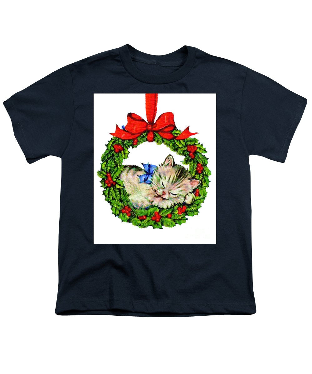 Youth T-Shirt - Kitten In A Christmas Wreath