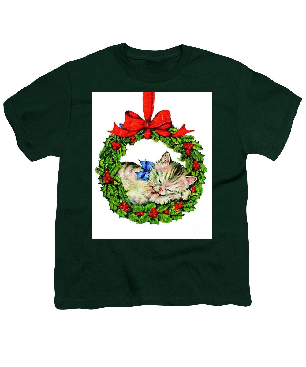 Youth T-Shirt - Kitten In A Christmas Wreath