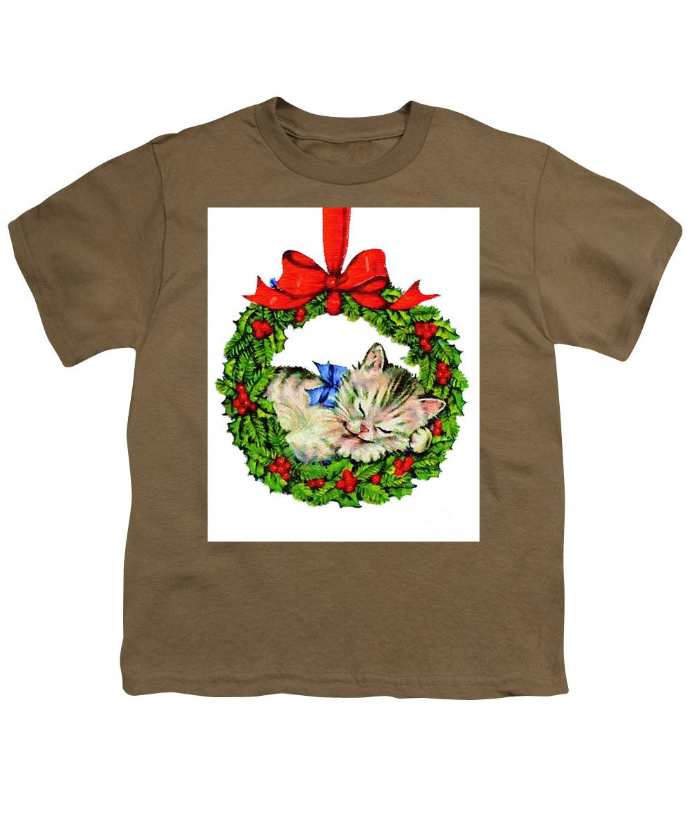 Youth T-Shirt - Kitten In A Christmas Wreath