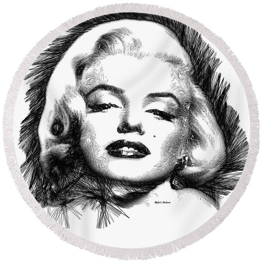 Round Beach Towel - Marilyn Monroe Sketch In Black And White 2