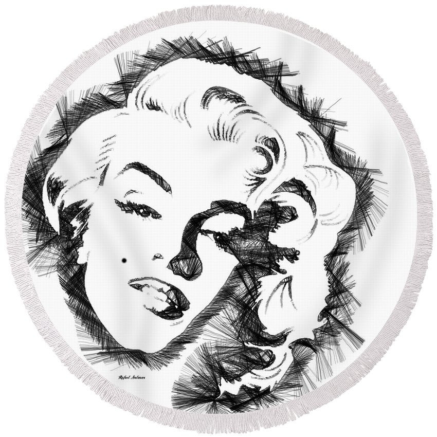Round Beach Towel - Marilyn Monroe Sketch In Black And White