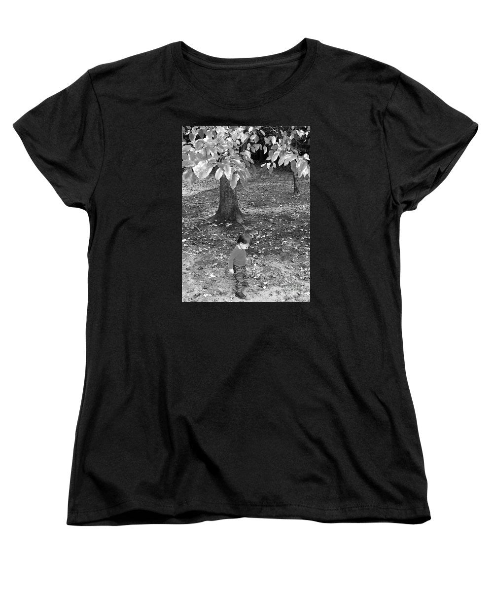 Women's T-Shirt (Standard Cut) - My First Walk In The Woods - Black And White