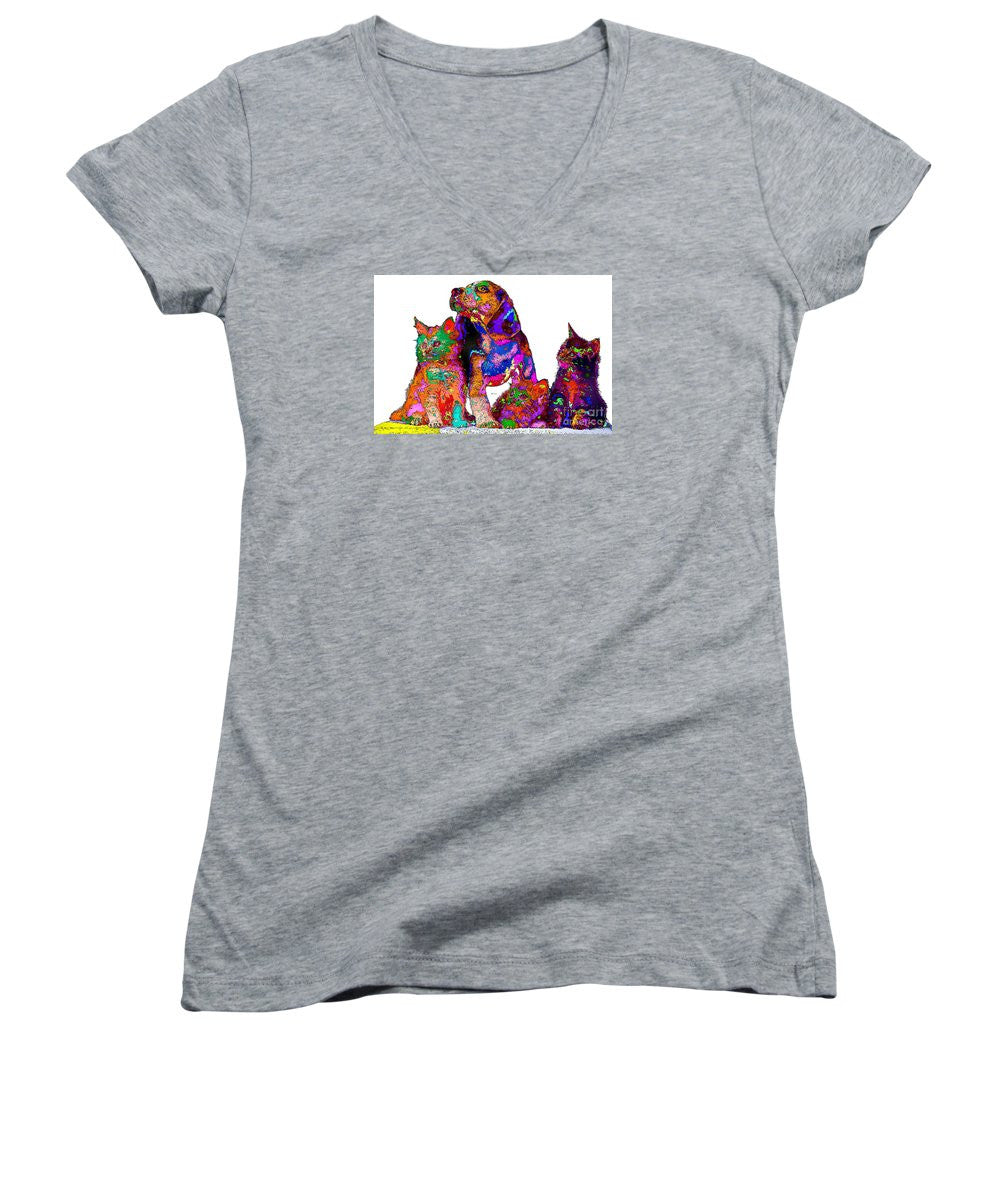 Women's V-Neck T-Shirt (Junior Cut) - One Big Happy Family. Pet Series