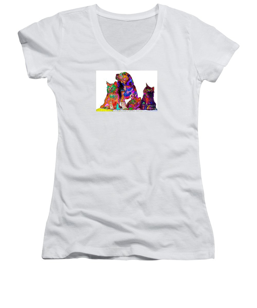 Women's V-Neck T-Shirt (Junior Cut) - One Big Happy Family. Pet Series
