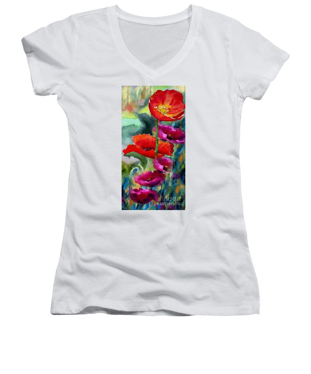 Women's V-Neck T-Shirt (Junior Cut) - Poppies In Watercolor