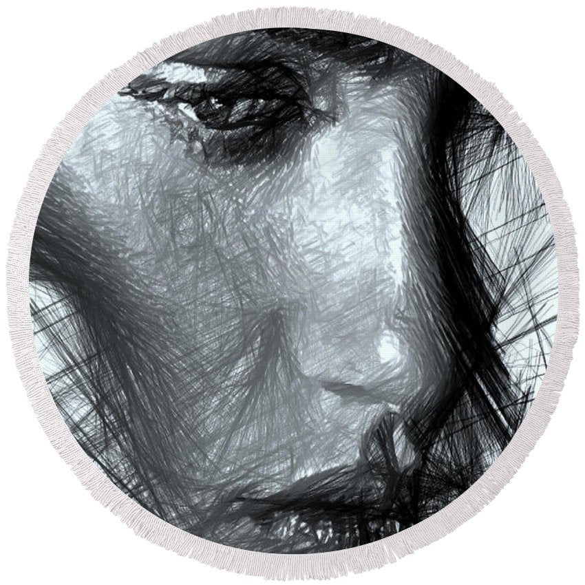 Portrait Of A Woman In Black And White - Round Beach Towel