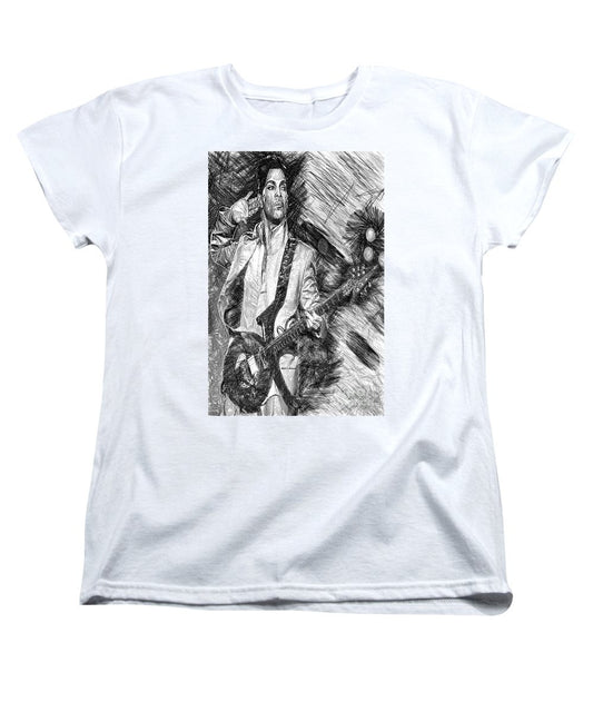 T-shirt femme (coupe standard) - Prince - Hommage avec guitare en noir et blanc