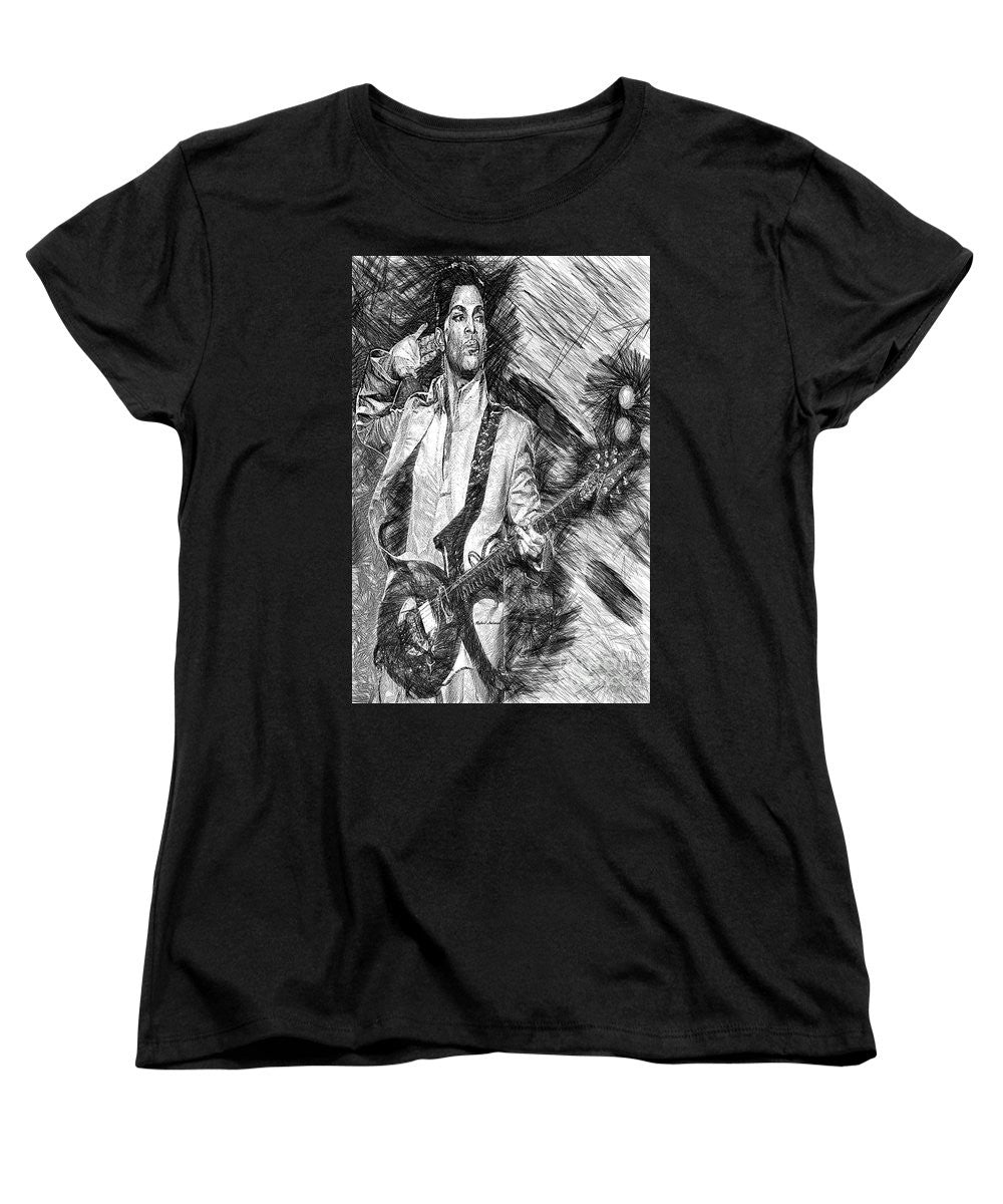 Women's T-Shirt (Standard Cut) - Prince - Tribute With Guitar In Black And White