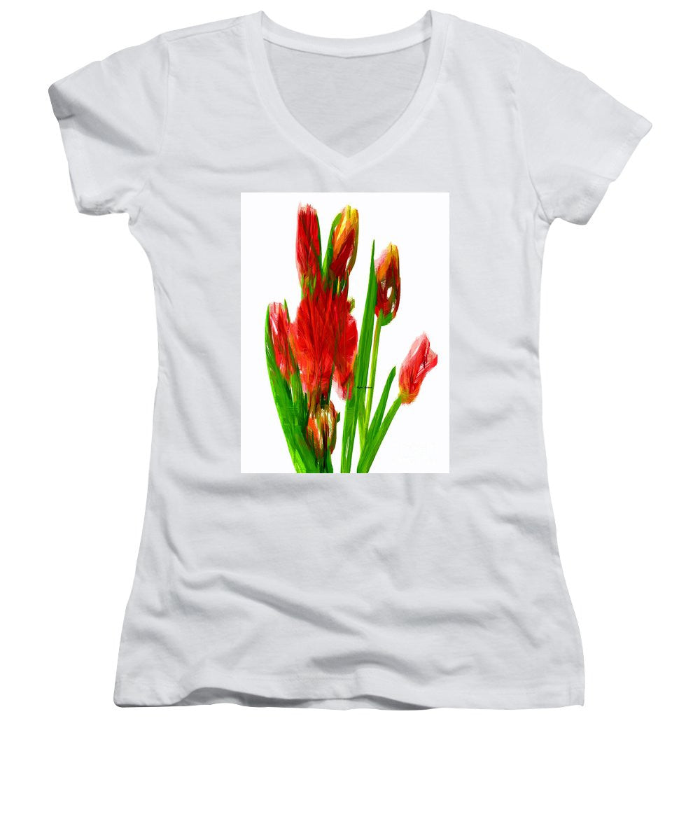 T-shirt col V pour femme (coupe junior) - Tulipes rouges