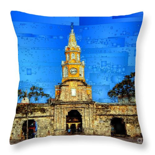 Throw Pillow - The Gate And Clock Tower In Cartagena Colombia