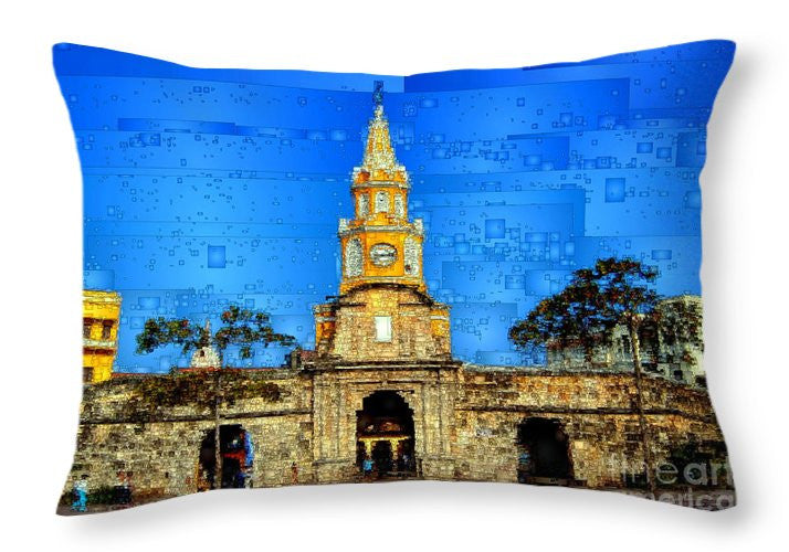 Throw Pillow - The Gate And Clock Tower In Cartagena Colombia