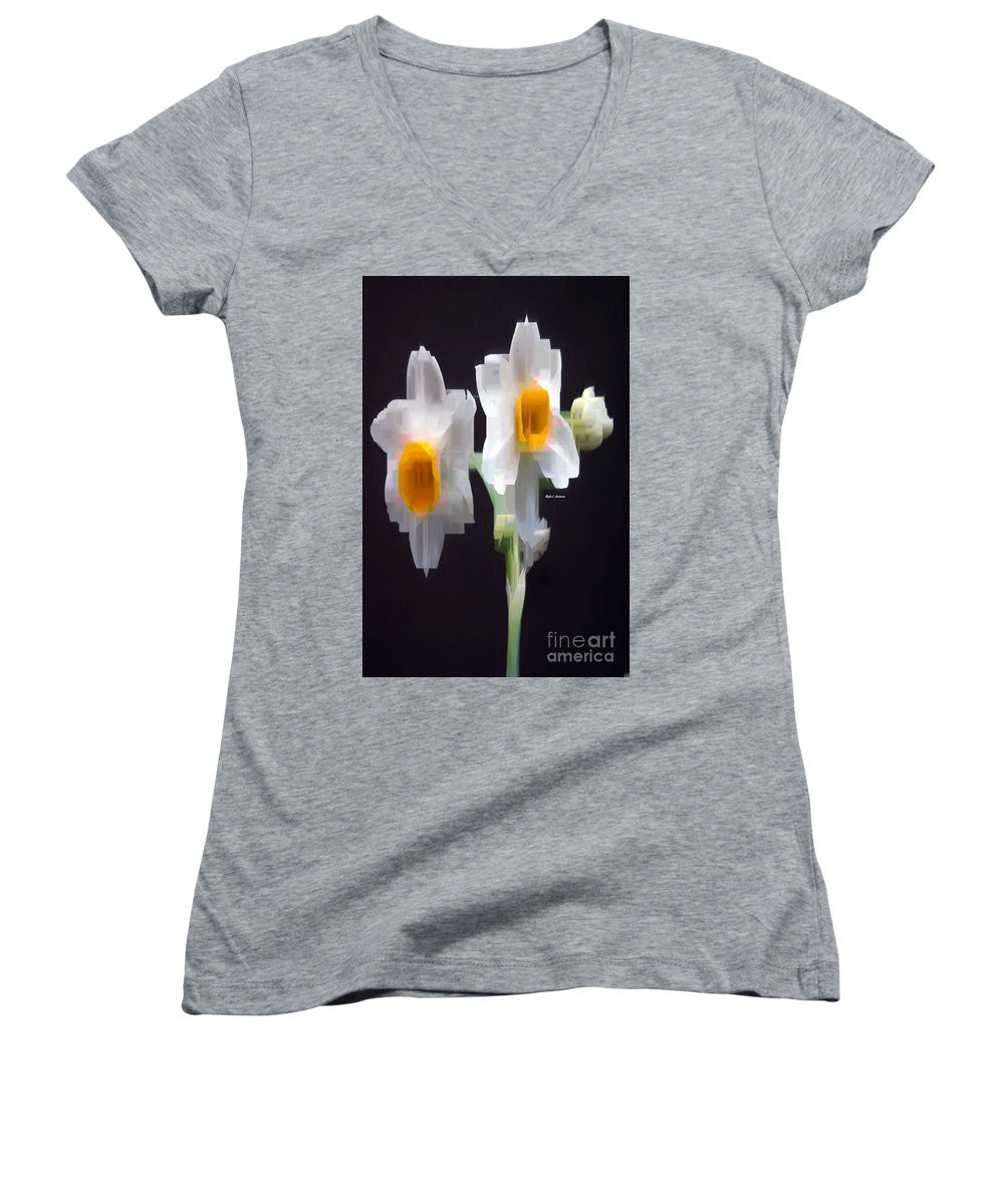 Women's V-Neck T-Shirt (Junior Cut) - White And Yellow Flower