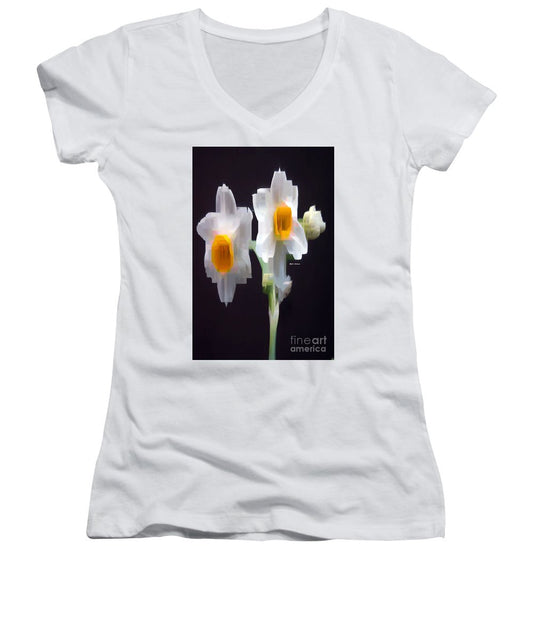 Women's V-Neck T-Shirt (Junior Cut) - White And Yellow Flower