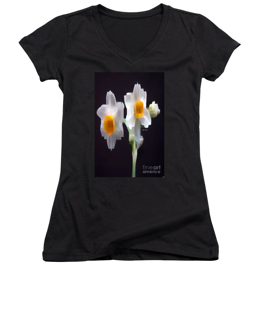 Women's V-Neck T-Shirt (Junior Cut) - White And Yellow Flower