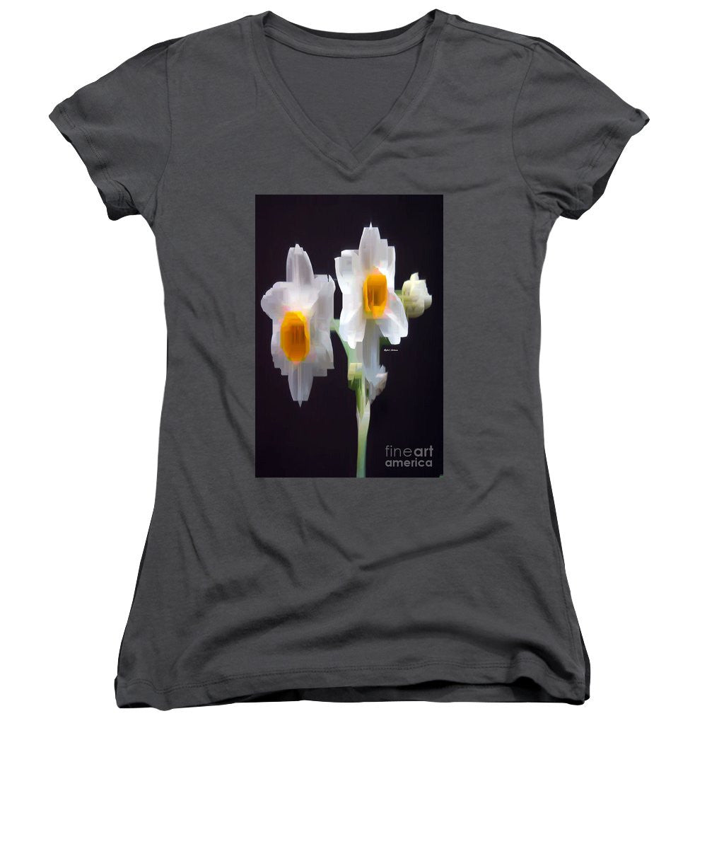 Women's V-Neck T-Shirt (Junior Cut) - White And Yellow Flower