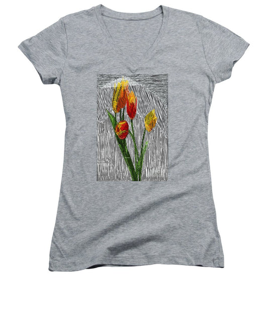 Women's V-Neck T-Shirt (Junior Cut) - Yellow Tulips