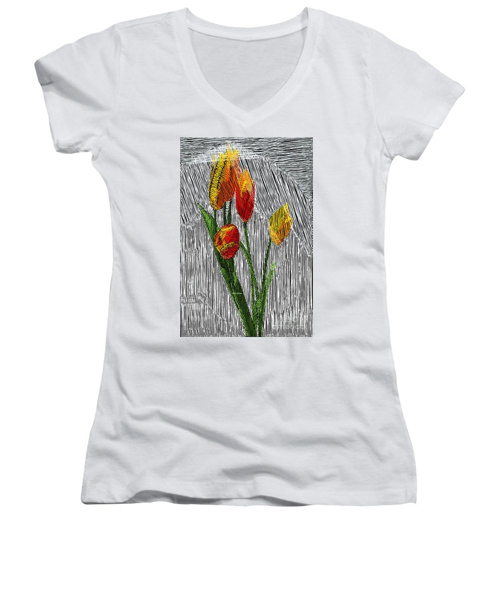 Women's V-Neck T-Shirt (Junior Cut) - Yellow Tulips