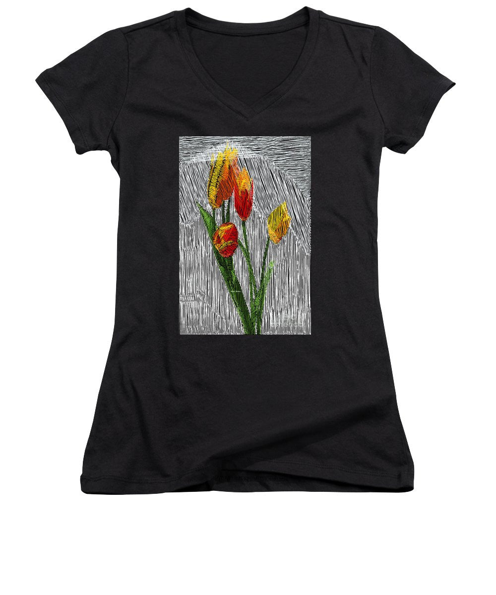 Women's V-Neck T-Shirt (Junior Cut) - Yellow Tulips