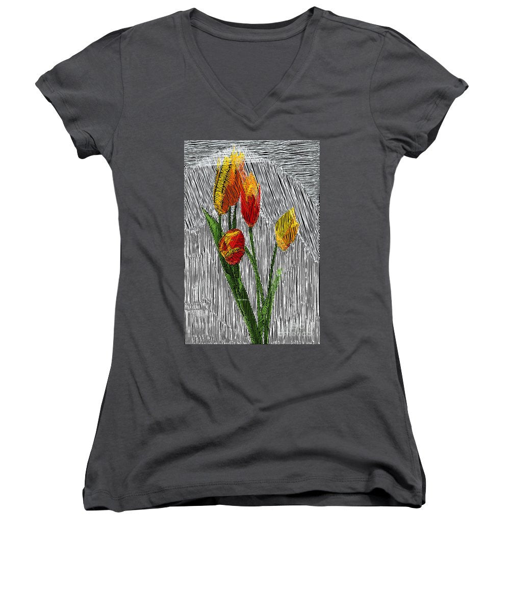 Women's V-Neck T-Shirt (Junior Cut) - Yellow Tulips